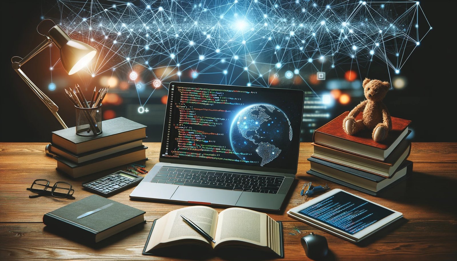 DALL·E 2023-10-26 15.29.59 - Photo of a modern, illuminated desk with a laptop displaying a code editor, a stack of programming books, and a network diagram. The background shows