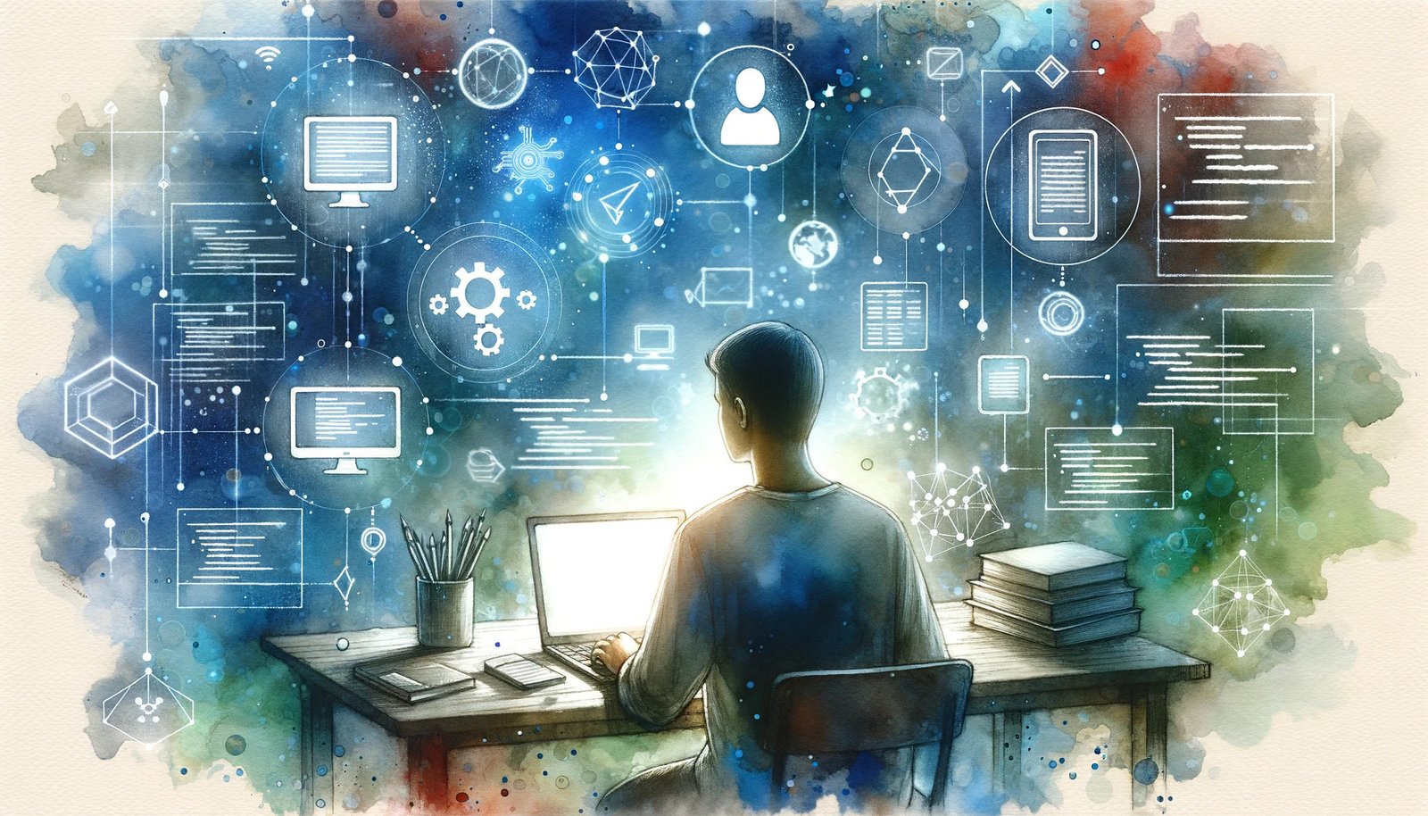 DALL·E 2023-10-26 16.32.57 - Watercolor painting of a determined individual at a desk, surrounded by floating symbols of computers, code brackets, network diagrams, and databases