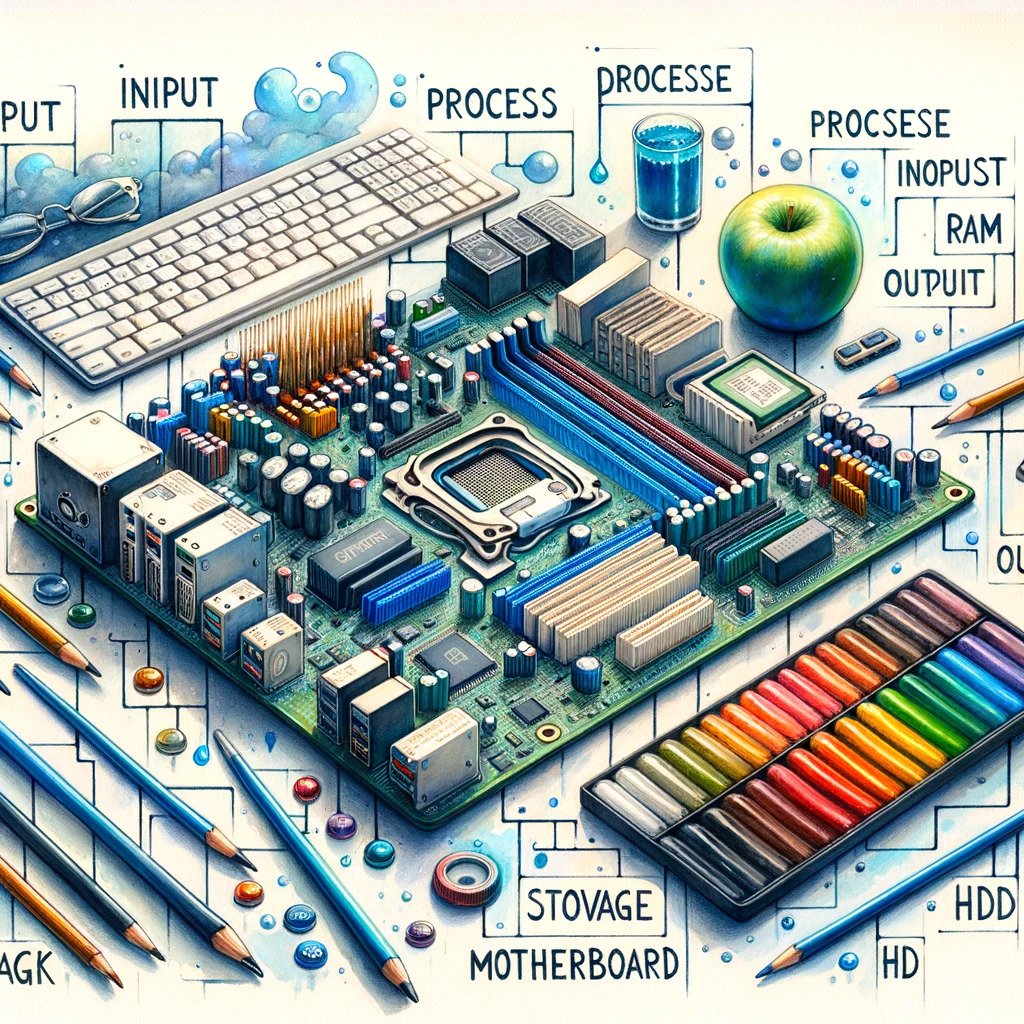 DALL·E 2023-10-26 16.49.04 - Pintura em aquarela de um computador aberto com componentes visíveis, cercado por palavras em inglês como 'Input', 'Process', 'Output', 'Storage', 'RA