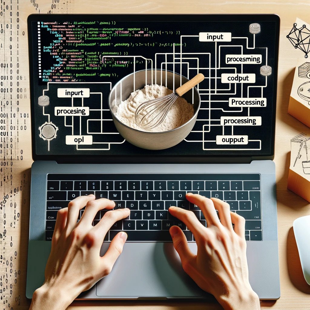 DALL·E 2023-10-26 17.00.24 - Photo of a person's hands typing on a laptop keyboard with lines of code displayed on the screen. Overlayed are illustrations of a mixing bowl with ca