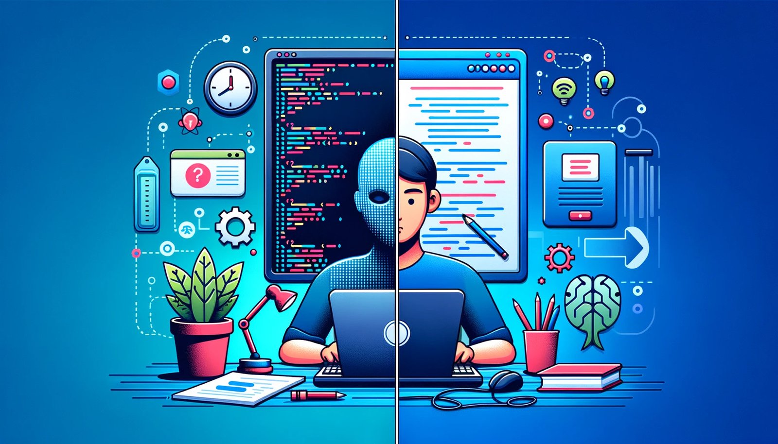 DALL·E 2023-10-26 17.16.39 - Illustration for a blog post cover showing a split view one side with a human writing code, and the other side with a computer processing and underst