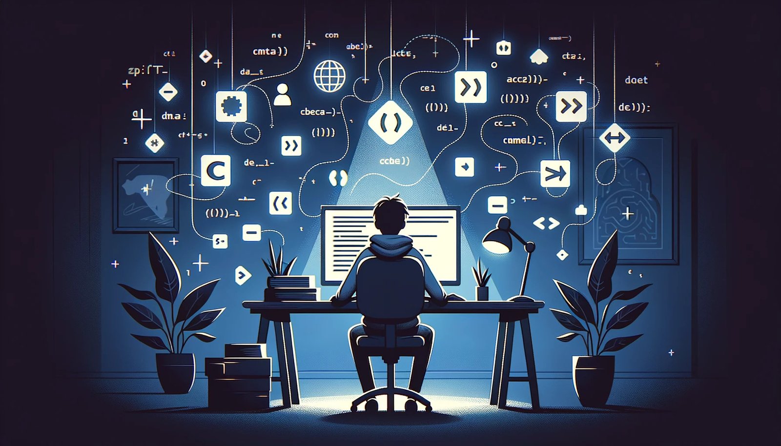 DALL·E 2023-10-26 17.30.45 - Illustration styled cover for a blog post depicting a programmer sitting at a desk, surrounded by floating icons representing various coding elements