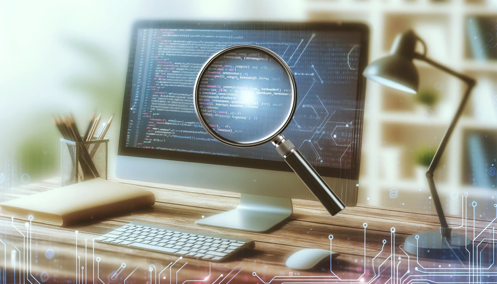 DALL·E 2023-10-26 17.33.21 - Photo styled cover for a blog post featuring a computer with code on the screen, with an overlay of a magnifying glass zooming in on a part of the cod