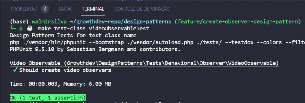 Resultado dos testes de uso do Padrão Observer