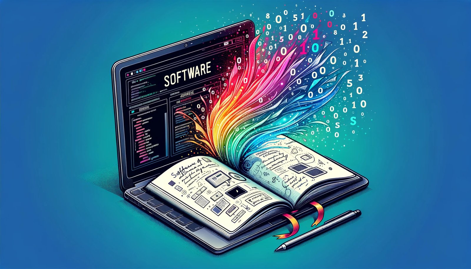 DALL·E 2023-10-26 14.00.03 - Vector design of a sleek laptop opening up like a book. On one side, it displays a vivid digital world with zeros and ones raining down. On the other