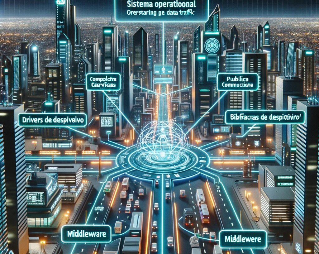DALL·E 2023-10-25 11.11.53 - Render of a futuristic digital city with neon lights. The 'Sistema Operacional' stands as the city's core, orchestrating data traffic. Roads, labeled