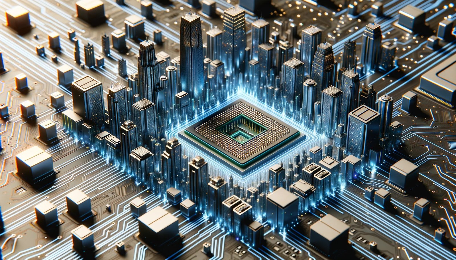 DALL·E 2023-10-25 18.01.28 - Photo representation of a micro-city built on a CPU's silicon surface. Skyscrapers and buildings represent the operating system's components, with glo