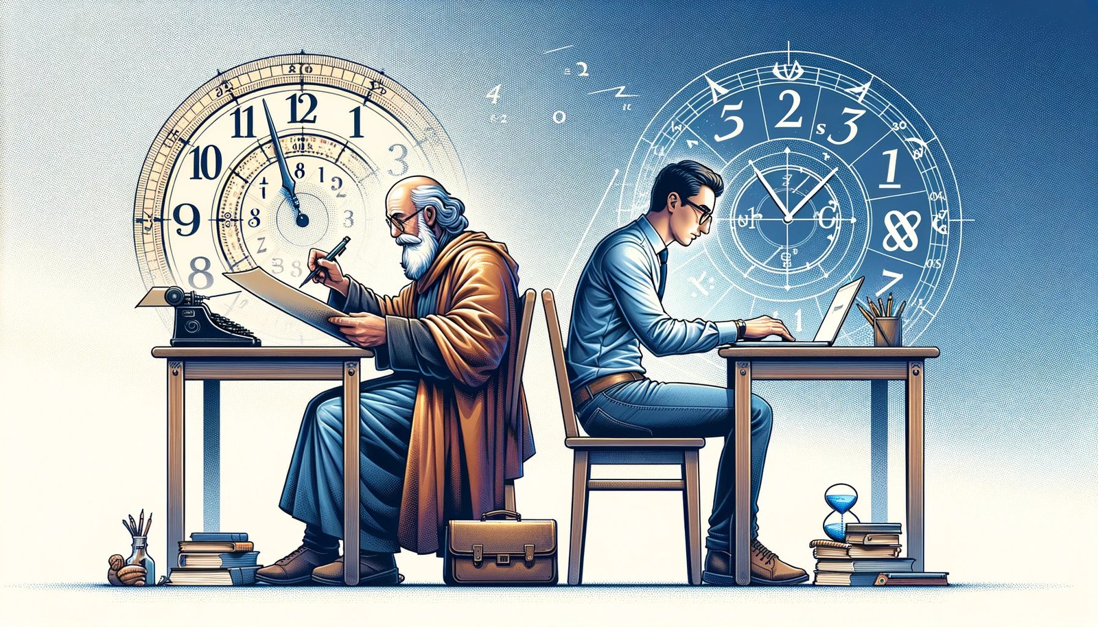 DALL·E 2023-10-27 14.08.11 - Ilustração para capa de postagem mostrando uma linha do tempo. À esquerda, um matemático antigo usando roupas tradicionais está concentrado escrevendo