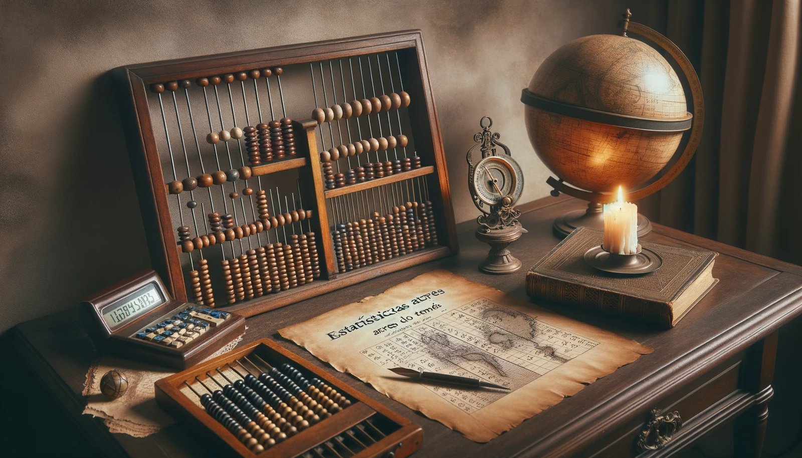 DALL·E 2023-10-29 14.06.24 - Photo of a vintage wooden desk with old statistical tools such as an abacus, slide rule, and handwritten statistical charts on parchment. An ancient g