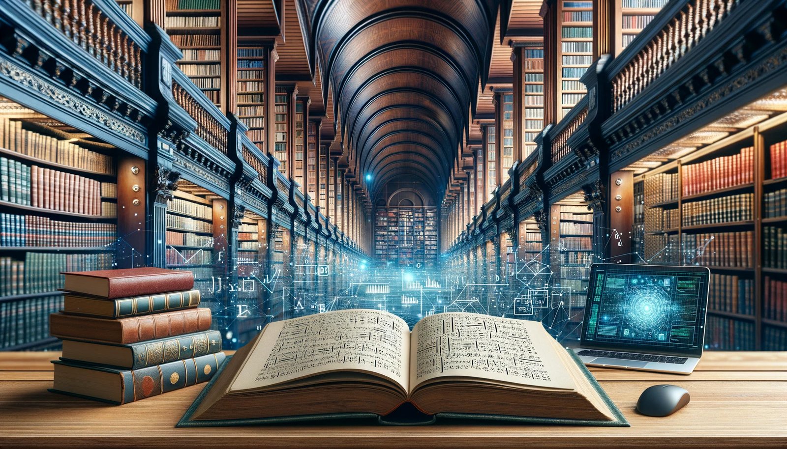 DALL·E 2023-10-30 16.35.11 - Photo of a vast library with towering bookshelves filled with books. In the foreground, a wooden desk with an open book displaying complex mathematica