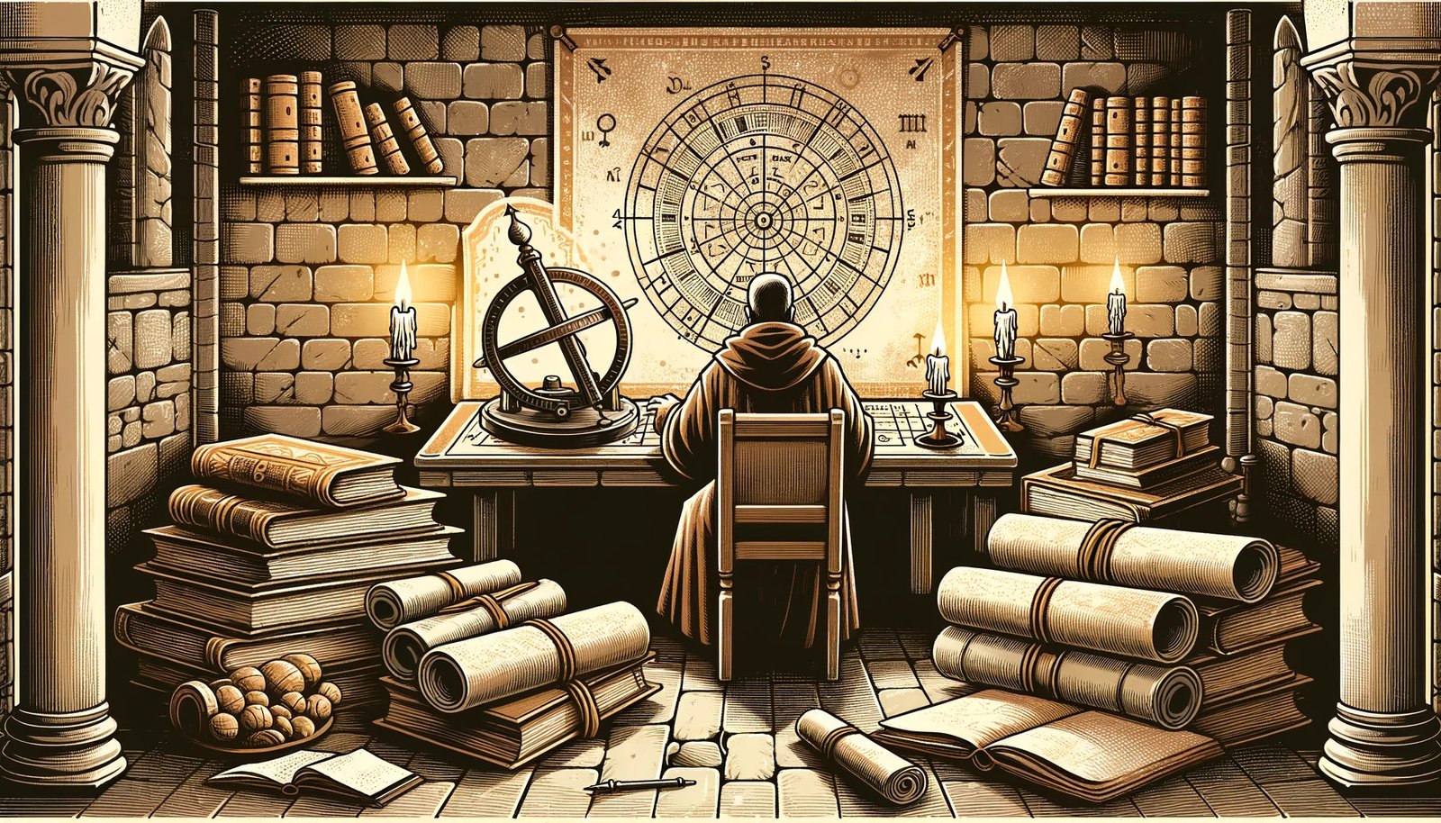 DALL·E 2023-10-31 17.06.01 - Illustration cover in a medieval style for a blog post. The scene depicts an ancient scholar in a candlelit stone room, surrounded by scrolls and anci