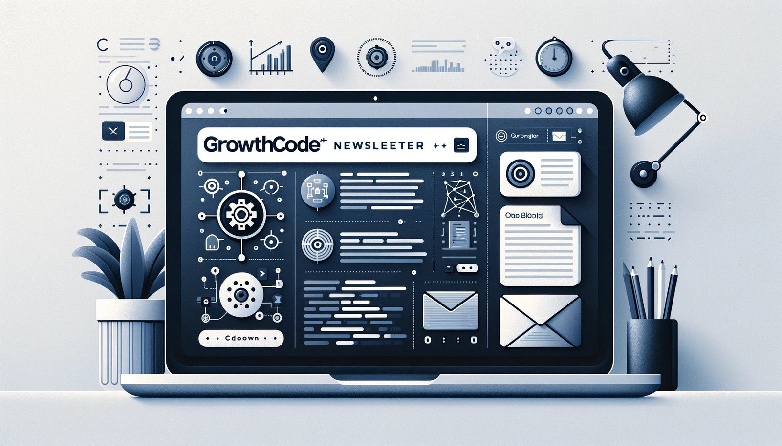 DALL·E 2023-12-06 15.32.35 - A minimalist and visually appealing blog post header for 'GrowthCode NEWSLETTER'. The header should be designed in a horizontal layout, suitable for a